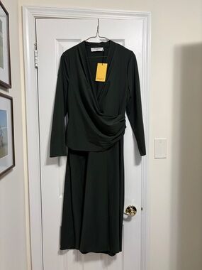MM. LaFleur Deep Green Wrap-Style Carly Long Sleeve Dress in Stretch Crepe